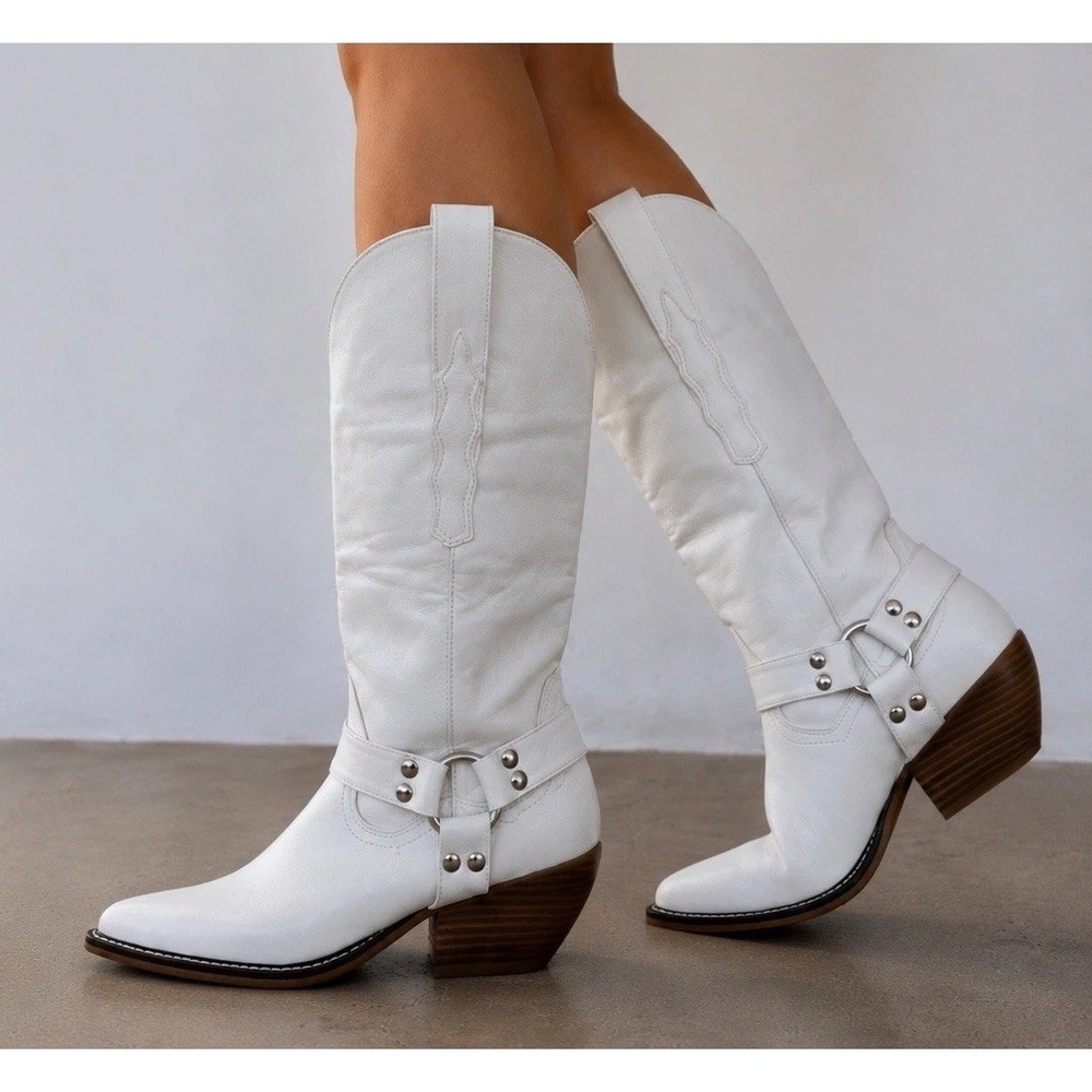 A Rider Girl Womens Faux Leather Cowgirl Boots Size 6.5 White Studded Harness